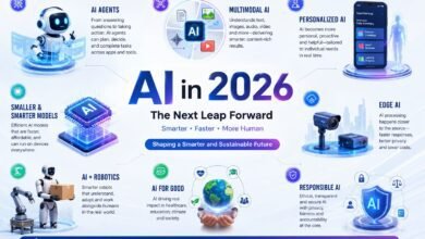 AI in 2026 showing robotics, personalized medicine, sustainable energy, and space exploration