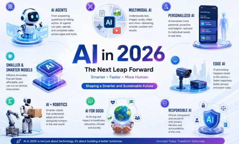 AI in 2026 showing robotics, personalized medicine, sustainable energy, and space exploration