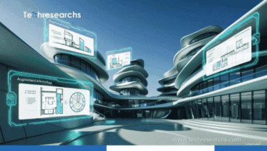 Architect using augmented reality to visualize a modern architectural design