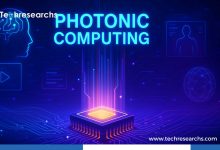 A futuristic microchip glowing with light to represent Photonic Computing