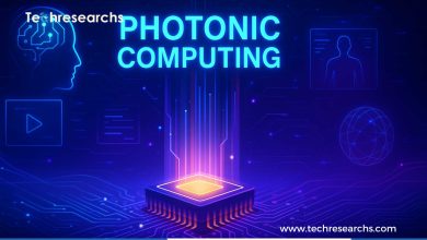 A futuristic microchip glowing with light to represent Photonic Computing