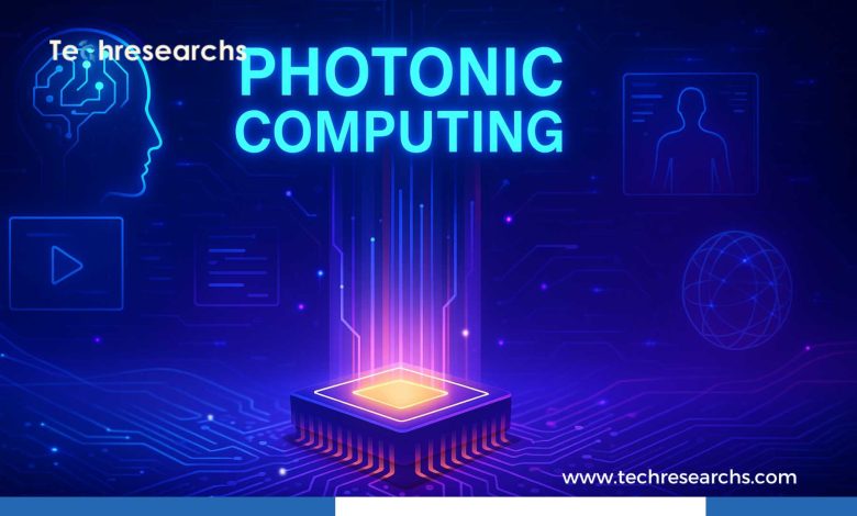 A futuristic microchip glowing with light to represent Photonic Computing
