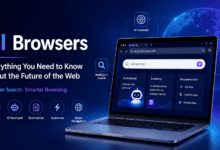 AI browser interface showcasing intelligent search, AI assistant, smart web navigation, and AI-powered browsing technology.