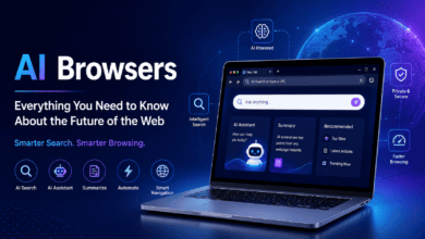 AI browser interface showcasing intelligent search, AI assistant, smart web navigation, and AI-powered browsing technology.