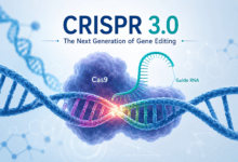 CRISPR 3.0 next-generation gene editing technology showing Cas9 protein, guide RNA, and DNA editing process