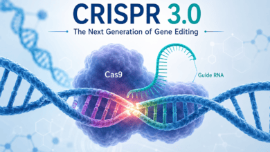 CRISPR 3.0 next-generation gene editing technology showing Cas9 protein, guide RNA, and DNA editing process