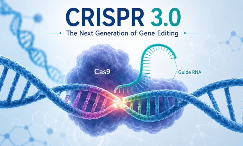 CRISPR 3.0 next-generation gene editing technology showing Cas9 protein, guide RNA, and DNA editing process