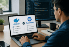 Software developer comparing Docker and Kubernetes on a laptop while learning containerization and container orchestration technologies.