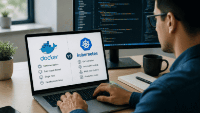 Software developer comparing Docker and Kubernetes on a laptop while learning containerization and container orchestration technologies.