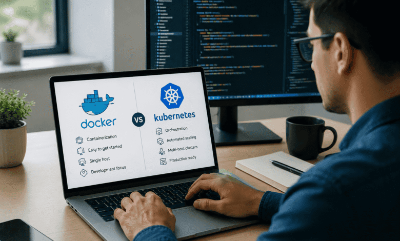 Software developer comparing Docker and Kubernetes on a laptop while learning containerization and container orchestration technologies.