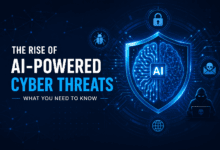 Illustration of AI-powered cyber threats featuring a digital shield, artificial intelligence brain, cybersecurity icons, and hacker silhouette representing modern cyber attacks.