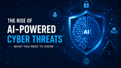 Illustration of AI-powered cyber threats featuring a digital shield, artificial intelligence brain, cybersecurity icons, and hacker silhouette representing modern cyber attacks.