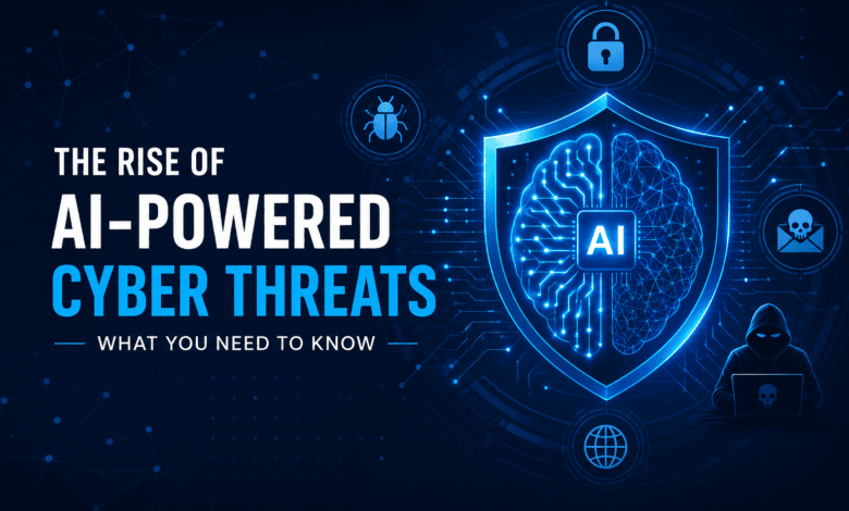 Illustration of AI-powered cyber threats featuring a digital shield, artificial intelligence brain, cybersecurity icons, and hacker silhouette representing modern cyber attacks.