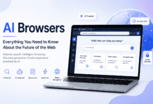 AI browser interface illustrating intelligent search, AI assistant, content summarization, and the future of web browsing.