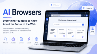 AI browser interface illustrating intelligent search, AI assistant, content summarization, and the future of web browsing.
