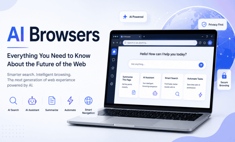 AI browser interface illustrating intelligent search, AI assistant, content summarization, and the future of web browsing.