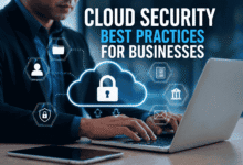 Cloud Security Best Practices for Businesses showing a professional using a laptop with secure cloud infrastructure and cybersecurity protection.