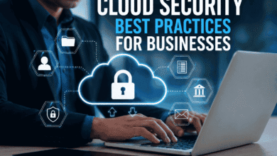 Cloud Security Best Practices for Businesses showing a professional using a laptop with secure cloud infrastructure and cybersecurity protection.
