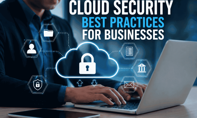 Cloud Security Best Practices for Businesses showing a professional using a laptop with secure cloud infrastructure and cybersecurity protection.