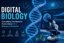 Digital Biology concept featuring AI-powered biological research with DNA helix, microscope, genomics dashboard, and biotechnology innovation.