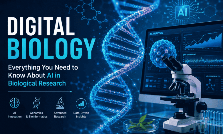 Digital Biology concept featuring AI-powered biological research with DNA helix, microscope, genomics dashboard, and biotechnology innovation.