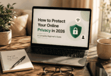 A modern workspace featuring a laptop displaying an online privacy guide with a security shield, highlighting tips to protect personal data and stay safe online in 2026.