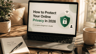 A modern workspace featuring a laptop displaying an online privacy guide with a security shield, highlighting tips to protect personal data and stay safe online in 2026.
