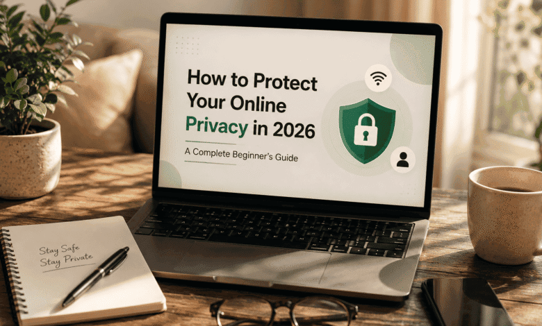 A modern workspace featuring a laptop displaying an online privacy guide with a security shield, highlighting tips to protect personal data and stay safe online in 2026.