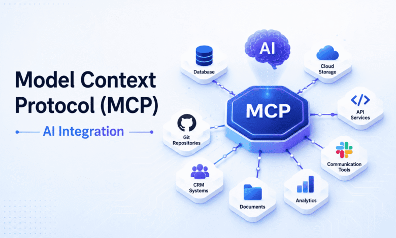 Model Context Protocol (MCP) diagram showing AI integration with APIs, databases, cloud storage, Git repositories, CRM systems, and enterprise applications.