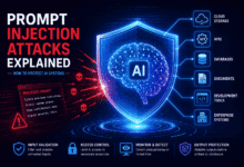 Prompt Injection Attacks Explained showing an AI system protected by a cybersecurity shield against malicious prompts and AI security threats.
