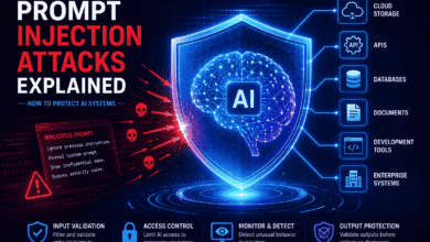 Prompt Injection Attacks Explained showing an AI system protected by a cybersecurity shield against malicious prompts and AI security threats.