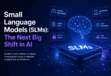 Illustration of Small Language Models (SLMs) showing an AI chip, neural network, and key benefits like faster performance, lower costs, better privacy, and on-device AI.