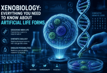 Illustration of xenobiology showing an artificial cell, DNA helix, and modern biotechnology laboratory representing the future of synthetic biology.