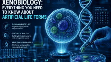 Illustration of xenobiology showing an artificial cell, DNA helix, and modern biotechnology laboratory representing the future of synthetic biology.