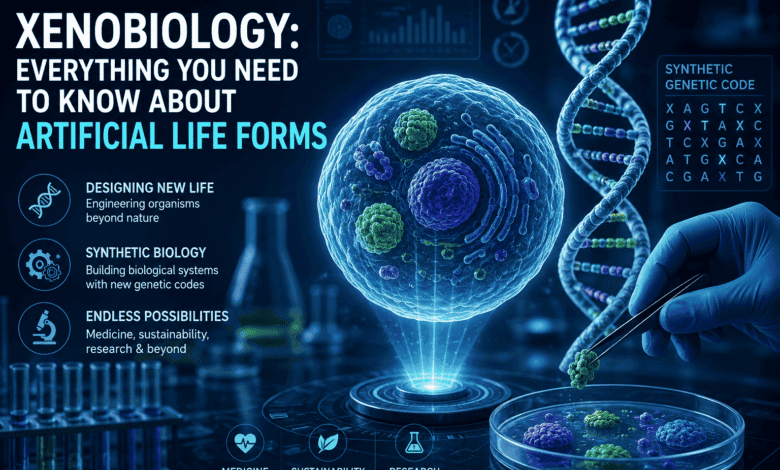 Illustration of xenobiology showing an artificial cell, DNA helix, and modern biotechnology laboratory representing the future of synthetic biology.