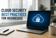 Professional using a laptop with a cloud security dashboard illustrating cloud security best practices for businesses in 2026.