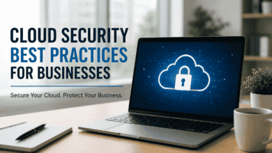 Professional using a laptop with a cloud security dashboard illustrating cloud security best practices for businesses in 2026.