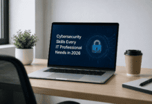 Cybersecurity professional securing a laptop with modern digital security technologies in 2026.