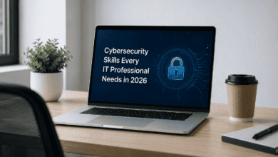 Cybersecurity professional securing a laptop with modern digital security technologies in 2026.