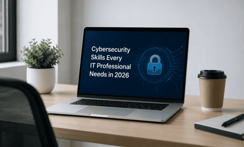 Cybersecurity professional securing a laptop with modern digital security technologies in 2026.