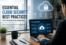Professional using a laptop with a cloud security dashboard demonstrating essential cloud security best practices for modern businesses.