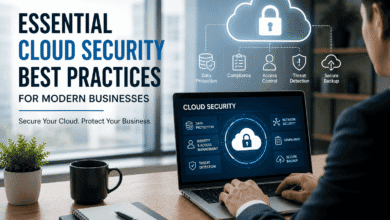 Professional using a laptop with a cloud security dashboard demonstrating essential cloud security best practices for modern businesses.