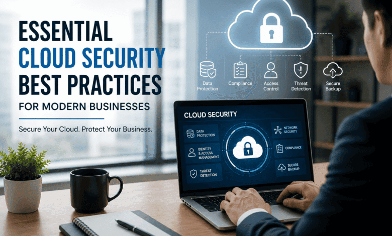 Professional using a laptop with a cloud security dashboard demonstrating essential cloud security best practices for modern businesses.