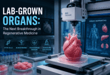 Scientist examining a lab-grown organ in a modern biotechnology laboratory for regenerative medicine research.