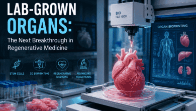 Scientist examining a lab-grown organ in a modern biotechnology laboratory for regenerative medicine research.