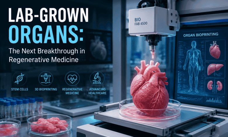 Scientist examining a lab-grown organ in a modern biotechnology laboratory for regenerative medicine research.