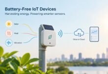 Battery-free IoT sensor harvesting solar, heat, and vibration energy to transmit data wirelessly.