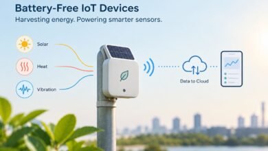 Battery-free IoT sensor harvesting solar, heat, and vibration energy to transmit data wirelessly.