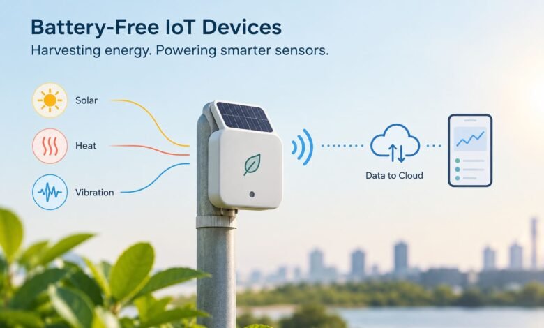 Battery-free IoT sensor harvesting solar, heat, and vibration energy to transmit data wirelessly.