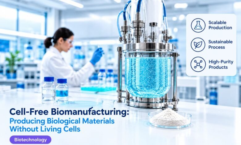 Cell-free biomanufacturing producing biological materials using cellular machinery